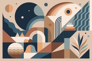 A scenic view of a geometric landscape featuring a waterfall and a rainbow vector