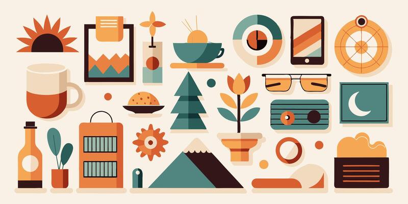 A collection of colorful icons displayed against a white backdrop