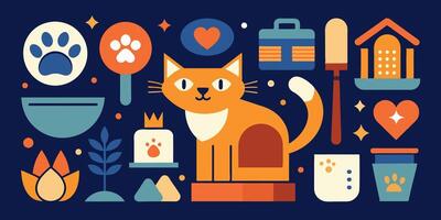 Cartoon of an orange cat with pet icons and art elements in a frame vector