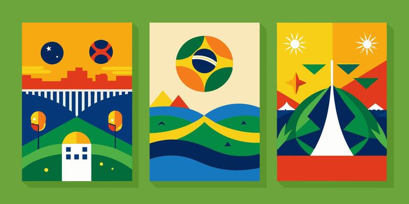 Three posters with brazilian flag on green background