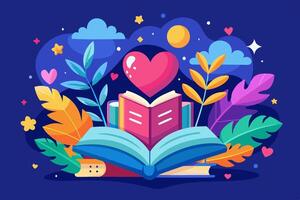 An open book with a heart on top surrounded by leaves and hearts vector