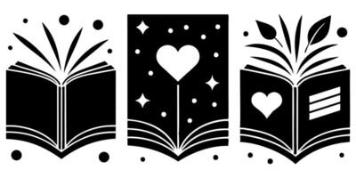 Three black and white books with hearts and leaves on them vector