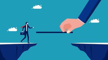 businessman walking across the gap between two cliffs, one hand holding a stick and the other holding vector