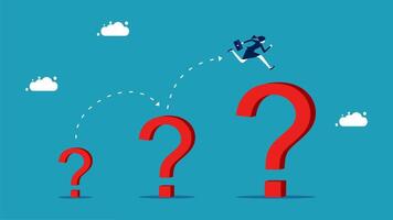 businessman jumping over question marks with a cloud in the background vector