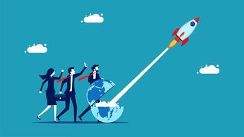 business people are standing around a rocket with a globe on it vector