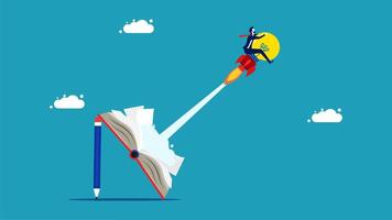 a man flying on a rocket with a pencil in his hand vector
