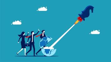 business people are standing around a rocket with a globe on it vector