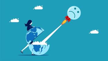 a woman is flying on a rocket with a sad face vector