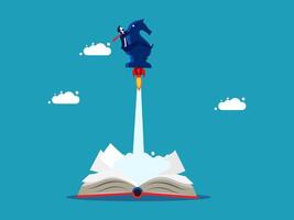 an open book with a rocket flying out of it vector