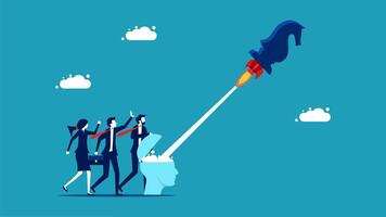 business people are standing on a rocket with a rocket on top vector