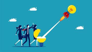 business people are standing around a rocket with a light bulb vector