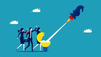 business people are standing around a rocket with a light bulb vector