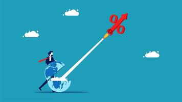businessman with a rocket on his back and a globe with a percentage sign vector