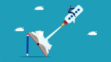 a man flying on a rocket with a pencil vector