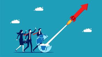 business people are standing around a rocket with a globe on it vector