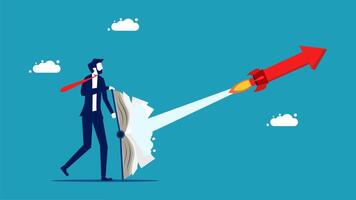 businessman with a rocket on his back and a paper with a red arrow vector