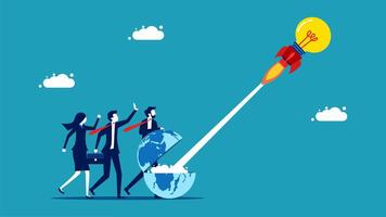 business people are standing around a rocket with a globe on top vector