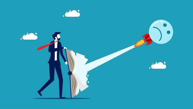 a man in a suit is holding a rocket and a paper with a smiley face on it vector