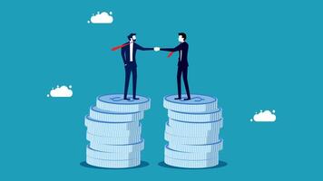 two businessmen shaking hands on stacks of coins vector