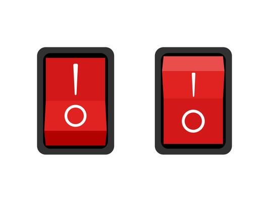 two red and black buttons with the word no and yes