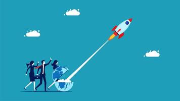 business people are standing on a rocket with a globe in the background vector