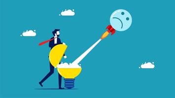 a man is holding a rocket and a light bulb with a sad face on it vector