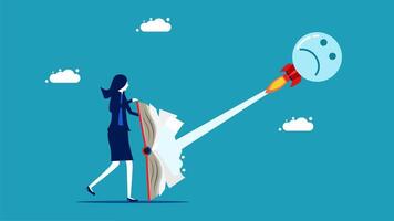 a woman is holding a book and a rocket is flying towards it vector