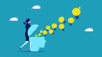 a woman is standing in front of a head with light bulbs coming out of it vector