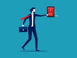 businessman with smartphone and red button on blue background vector