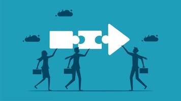 business people holding a puzzle piece with an arrow pointing to it vector