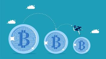 a man is jumping over a bitcoin coin vector