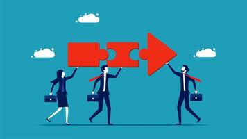 business people holding a puzzle piece with an arrow pointing to it vector