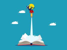 businessman flying on rocket book with open book and cloud vector