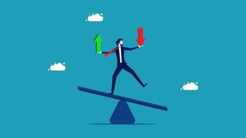 businessman balancing on a seesaw with arrows pointing up and down vector