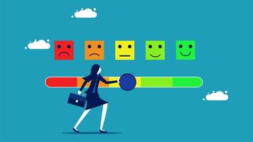 a woman is holding a scale with different faces on it vector
