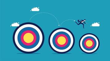 businessman jumping over the target in the middle of three arrows vector