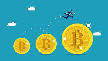 a man running on top of a pile of bitcoin coins vector