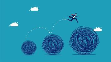 businessman running to the top of a mountain with a bunch of scribbles vector