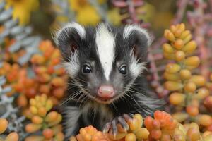 Baby Skunk A small baby skunk, with its distinctive black and white stripes, exploring a garden. photo