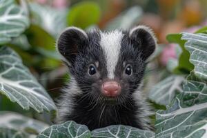 Baby Skunk A small baby skunk, with its distinctive black and white stripes, exploring a garden. photo