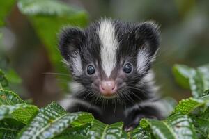 Baby Skunk A small baby skunk, with its distinctive black and white stripes, exploring a garden. photo