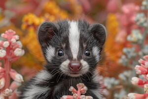 Baby Skunk A small baby skunk, with its distinctive black and white stripes, exploring a garden. photo