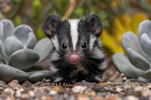 Baby Skunk A small baby skunk, with its distinctive black and white stripes, exploring a garden. photo