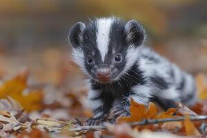 Baby Skunk A small baby skunk, with its distinctive black and white stripes, exploring a garden. photo