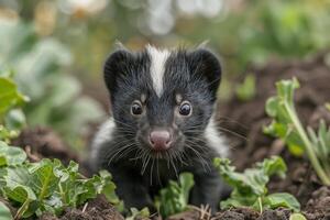 Baby Skunk A small baby skunk, with its distinctive black and white stripes, exploring a garden. photo