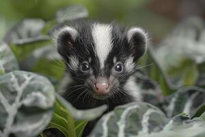 Baby Skunk A small baby skunk, with its distinctive black and white stripes, exploring a garden. photo