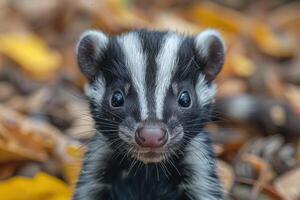 Baby Skunk A small baby skunk, with its distinctive black and white stripes, exploring a garden. photo