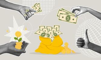 Fashionable halftone collage. Concept of wealth, saving, saving and saving money. Money bag with dollar stacks and stacks of coins. illustration of business and finance for web banner, social vector