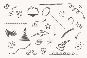 Hand drawn set of arrows, lines, elements. Hand drawn cloud, circle, speech bubble, grunge set of elements. Retro style illustration. vector