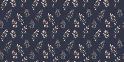 Abstract tiny branches, little flowers buds pattern on a dark background. Creative small floral stems with drops, dots, spots seamless print. hand drawing. Minimalistic ornament for textile vector
